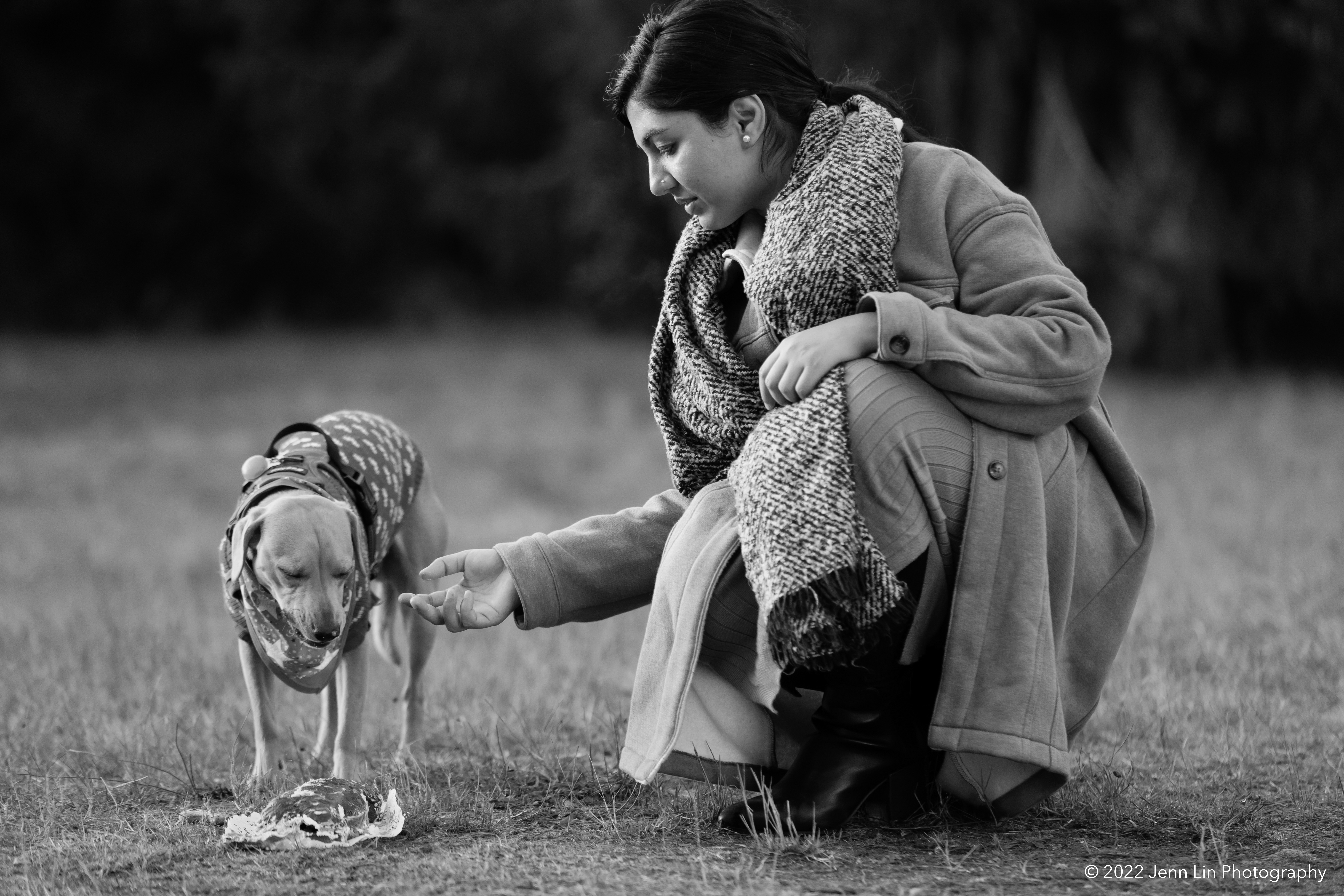 Milo chowing down on his dog cookie. Photographed at Huff Hydro Park Reserve in Delta, BC. Image used as part the story "How Milo Saved My Life: A Rescue Story" © 2022 Jenn Lin Photography