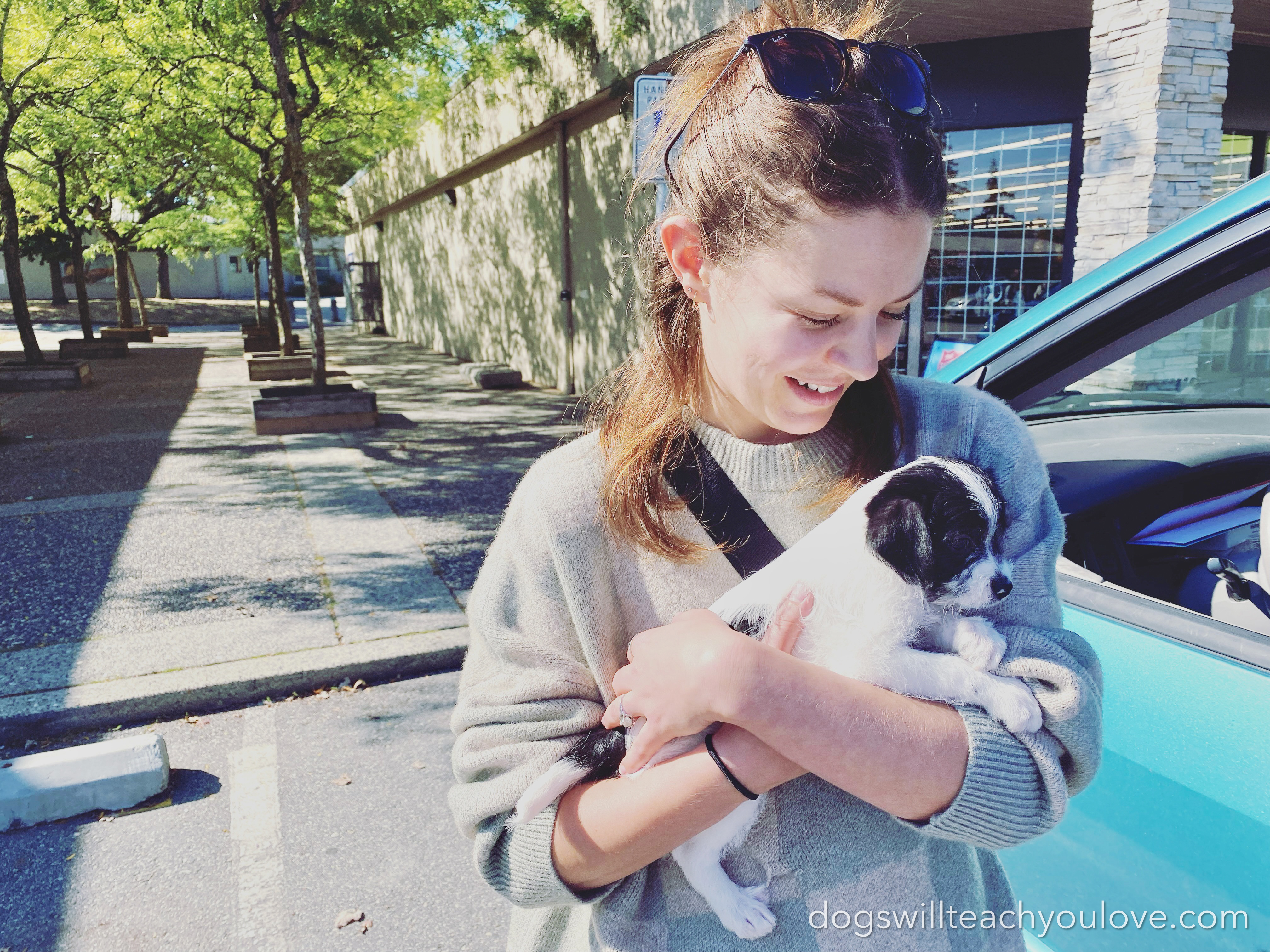 Emily is holding onto Oli as a puppy, on adoption day. Photo courtesy of Jon Gagnon. Image used as part of "She Wanted a Dog" story for the project, Dogs Will Teach You Love.