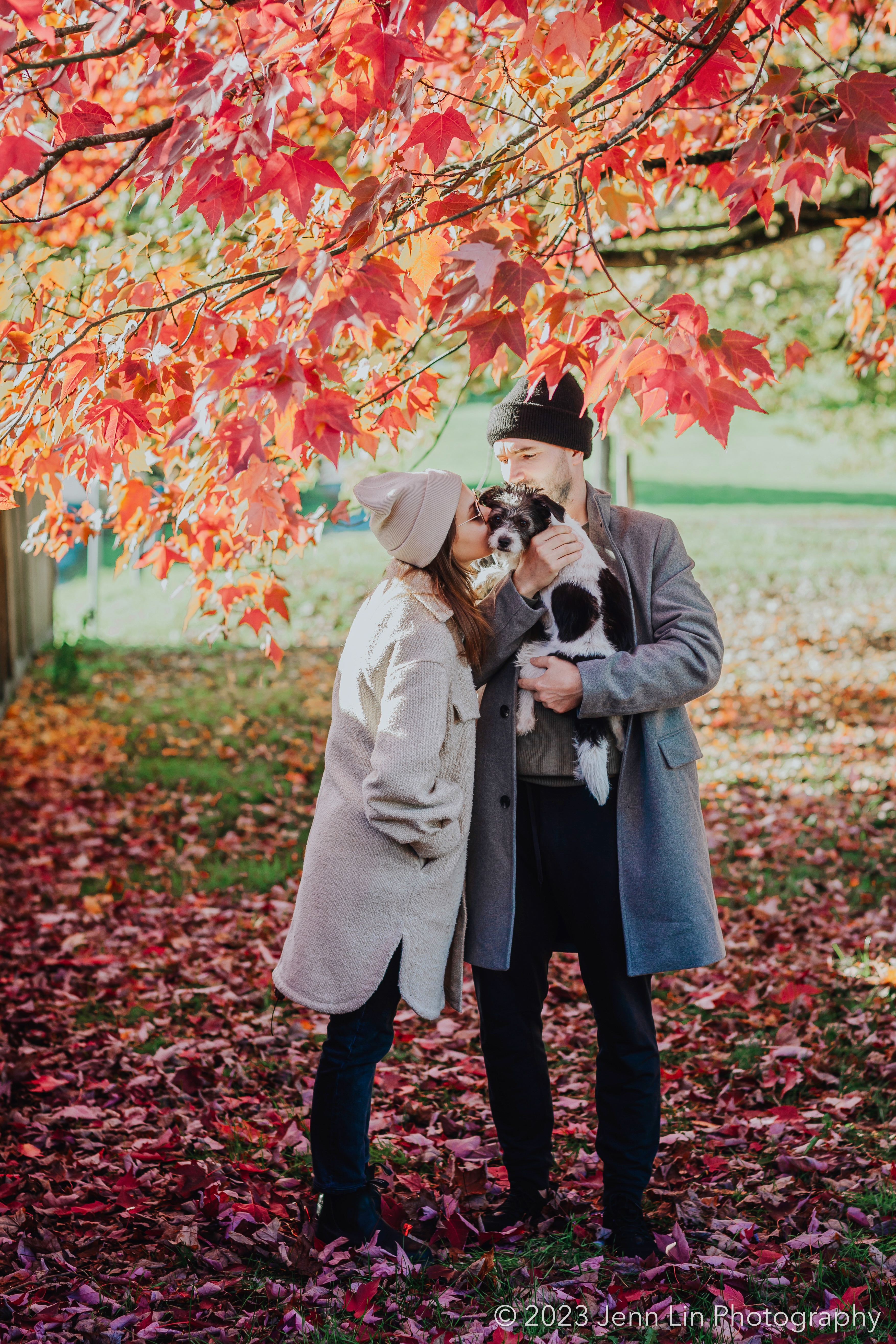 Jon is holding Oli the dog while Emily smooches him on the cheek. Oli looks back at me, the photographer. They're standing under a tree with lots of red foliage. Photo taken at Kingcrest Park in Vancouver, BC. © 2023 Jenn Lin Photography. Image used as part of "She Wanted a Dog" story for the project, Dogs Will Teach You Love.