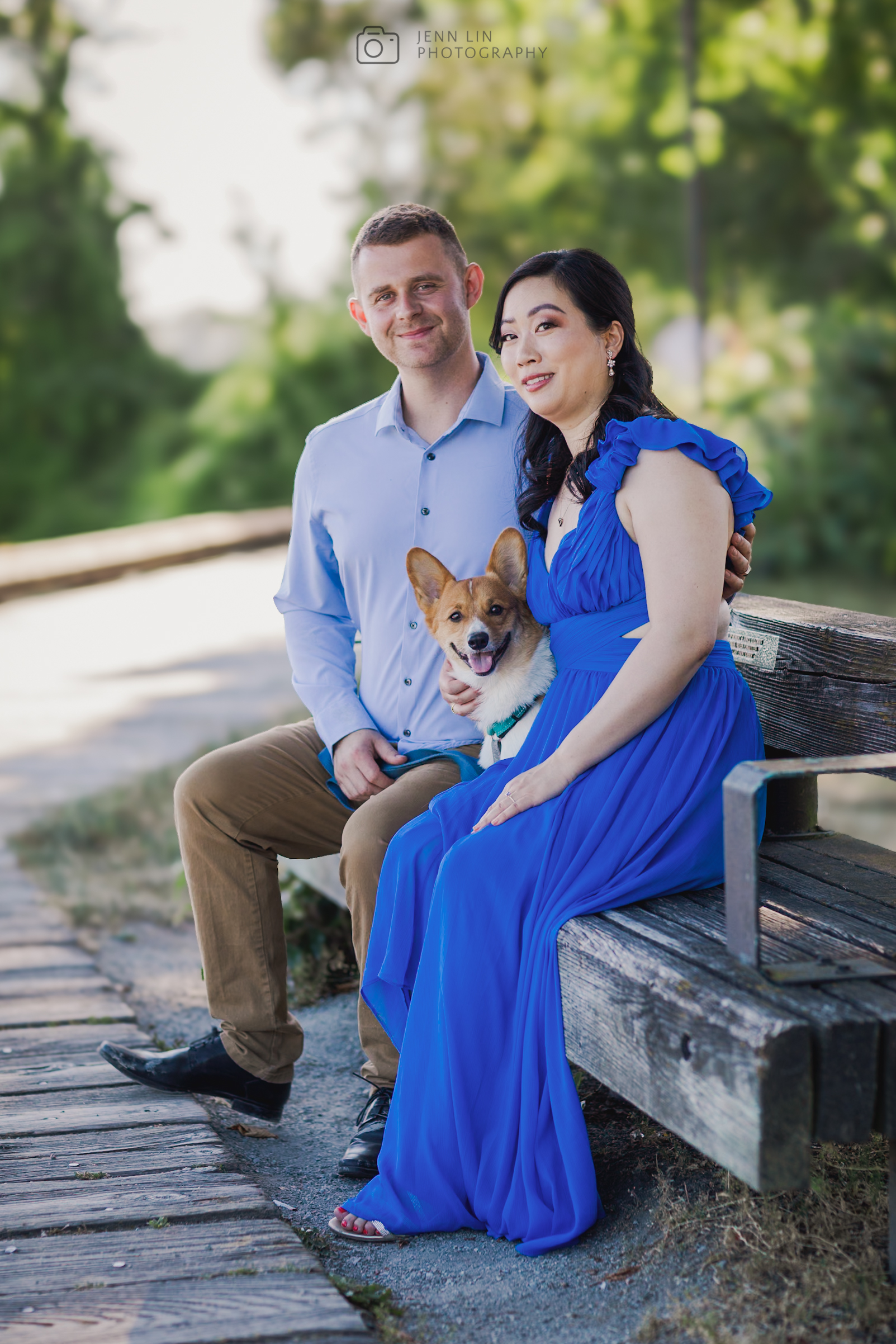 Tyler, Tiffany, and Benny sit as one happy family on a park bench in the River District (Vancouver, BC). Photo by Jenn Lin © 2024, All Rights Reserved.